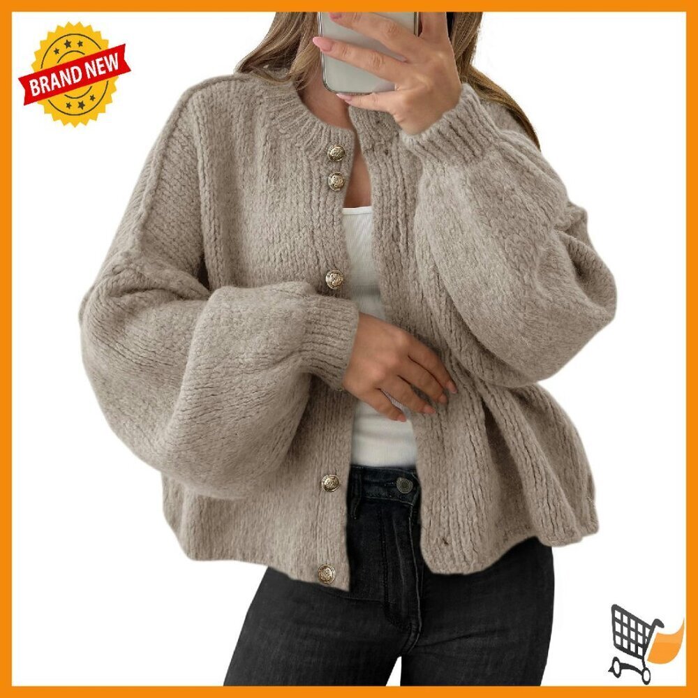 Oversized Chunky Knit Cardigan with Lantern Sleeves - Fall Winter Sweater